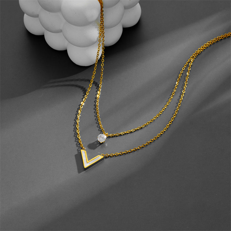 Wholesale Titanium Steel Double Layer Stacked V-shaped Diamond Necklace Clavicle Chain